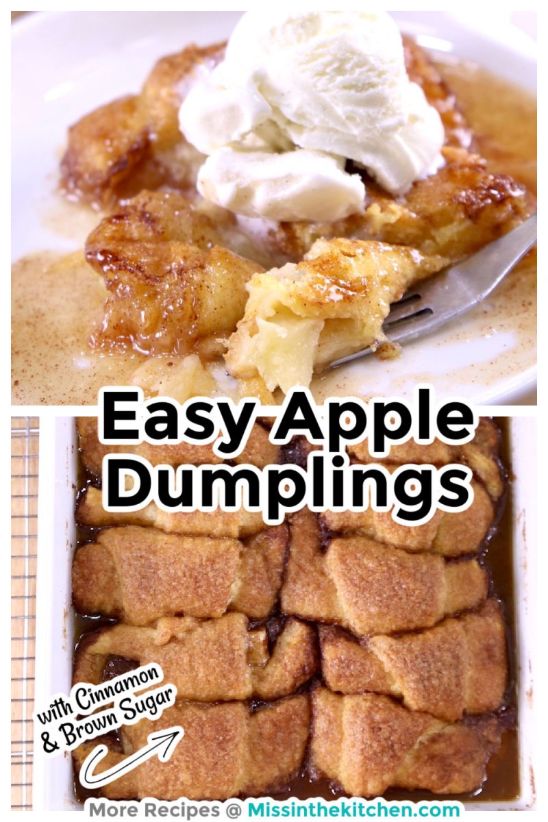 Easy Apple Dumplings collage served with vanilla ice cream / pan of dumplings
