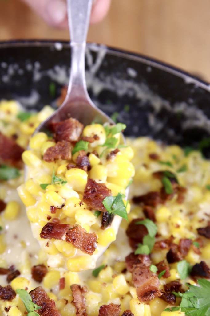Easy side dish with cheesy cream corn with bacon Spoonful of bacon cheddar cream corn