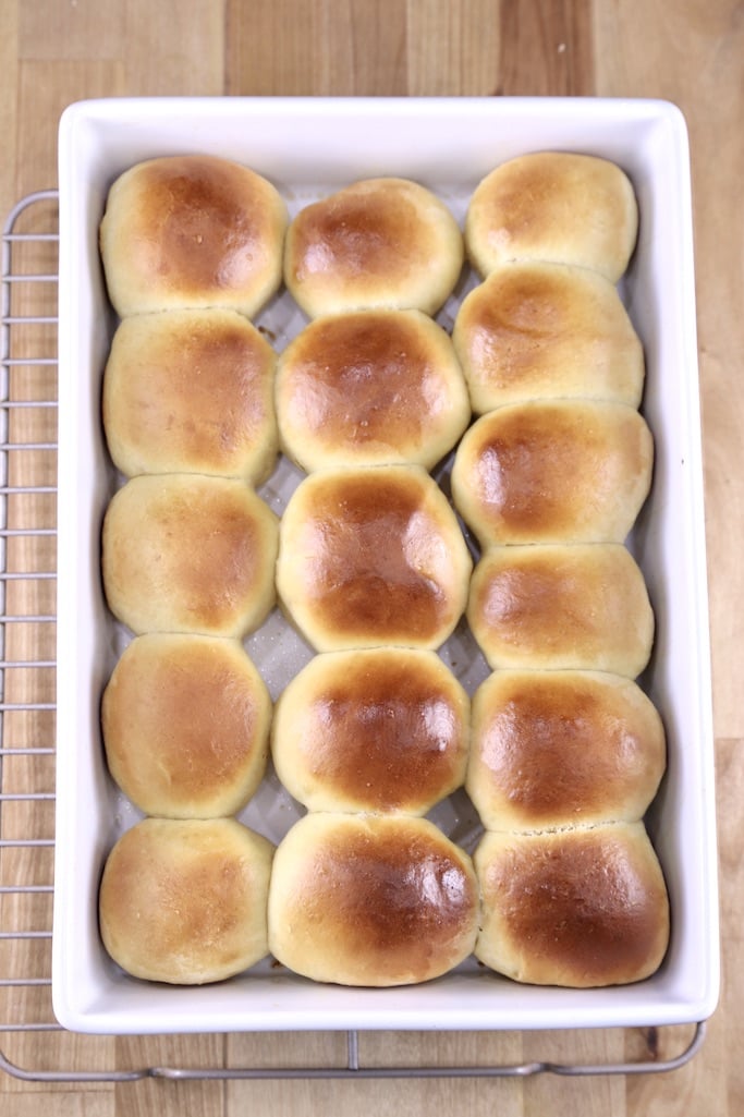 Baked Hawaiian Rolls in a white baking pan