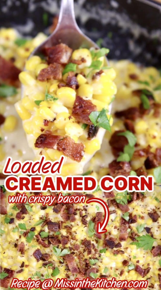 Collage of creamed corn in skillet and spoonful.