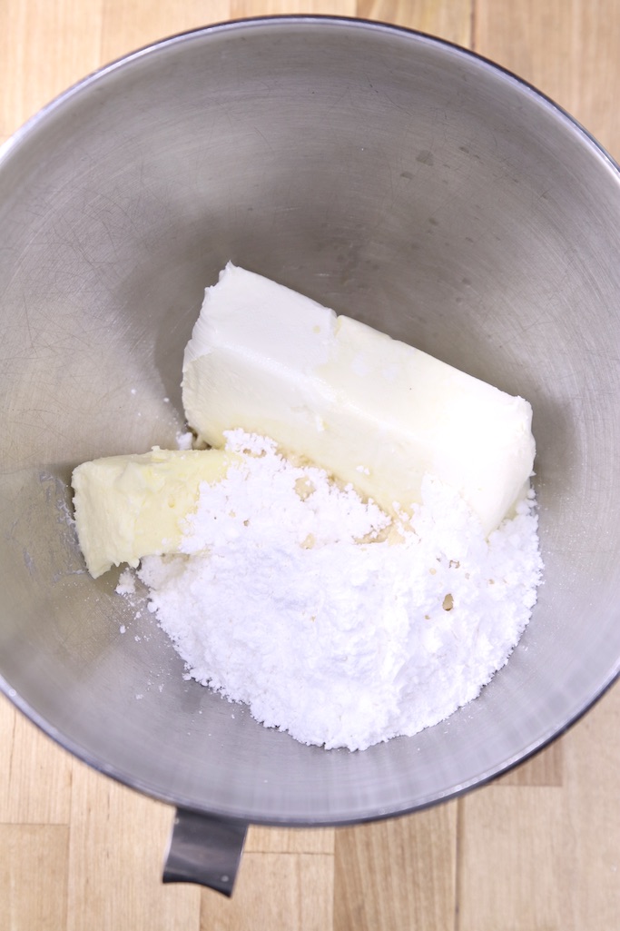 Cream cheese, butter & powdered sugar in a bowl for icing