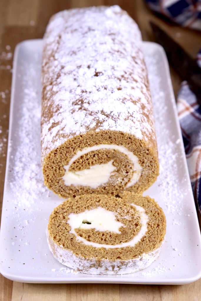 pumpkin roll with one slice close up