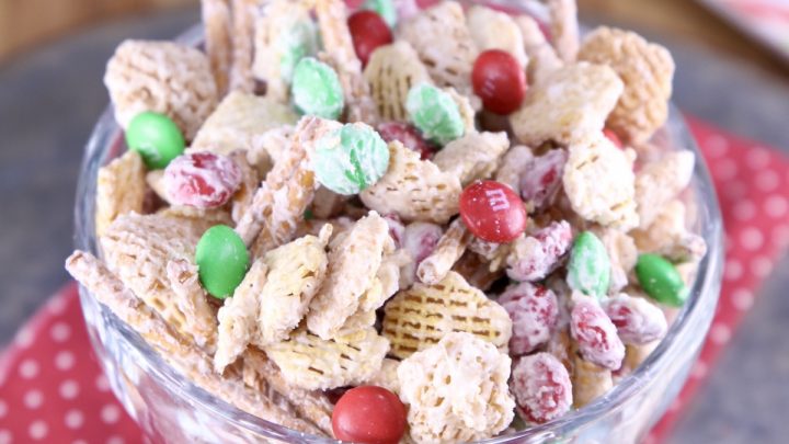 White Trash Snack Mix in a bowl with Christmas M&M's