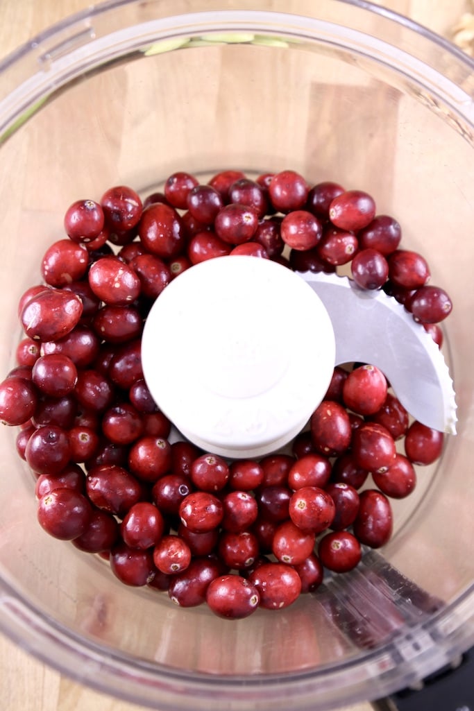 overhead view cranberries in a food processor bowl