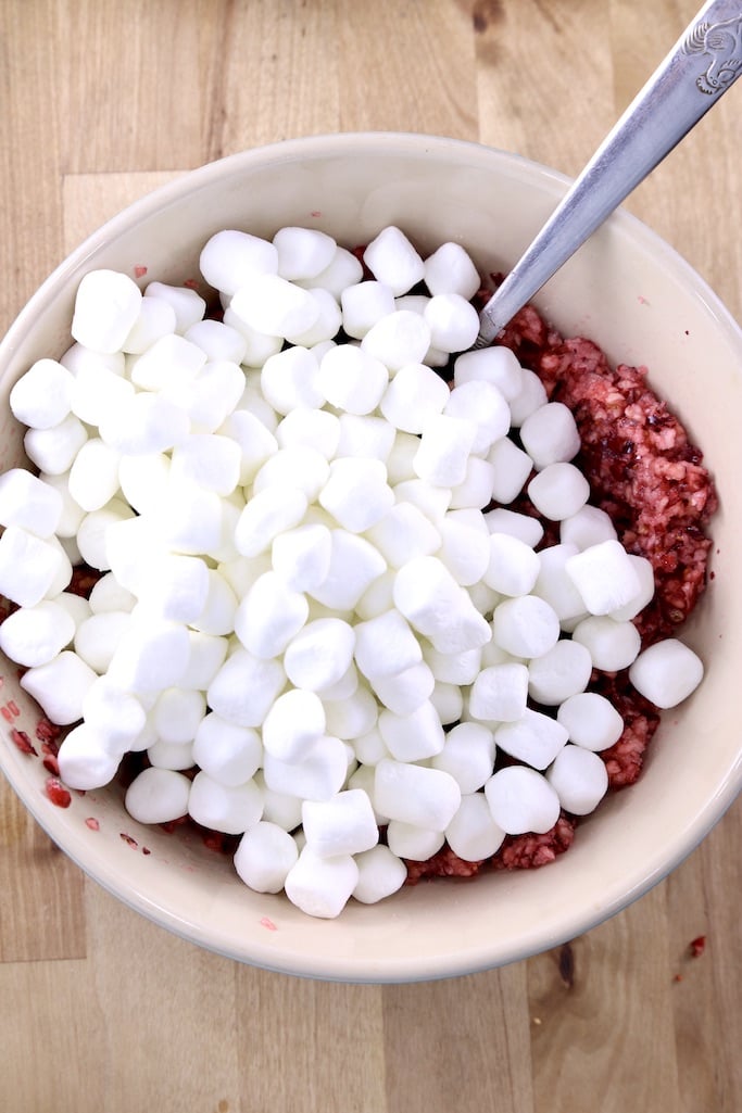 mini marshmallows in cranberry mixture for fluff recipe
