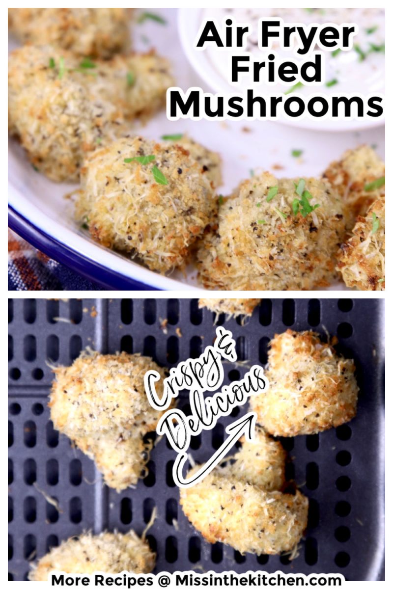 Collage of air fryer breaded mushrooms, plated and in air fryer with text overlay