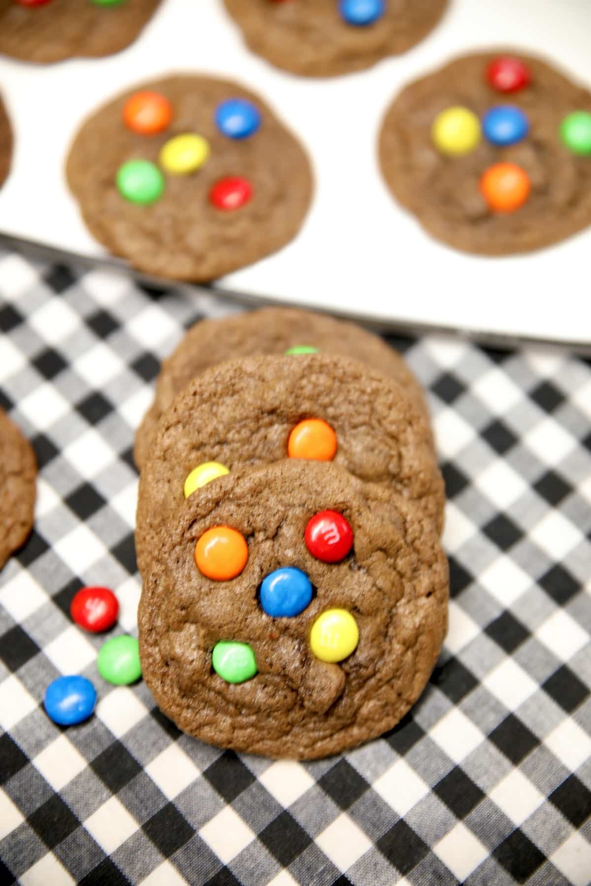 Chocolate m&m cookies recipe with chocolate chips.