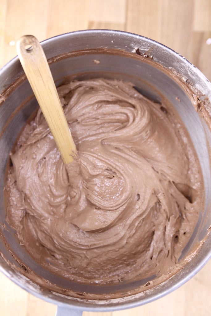 Chocolate Rum Cake Batter in a bowl with a spatula