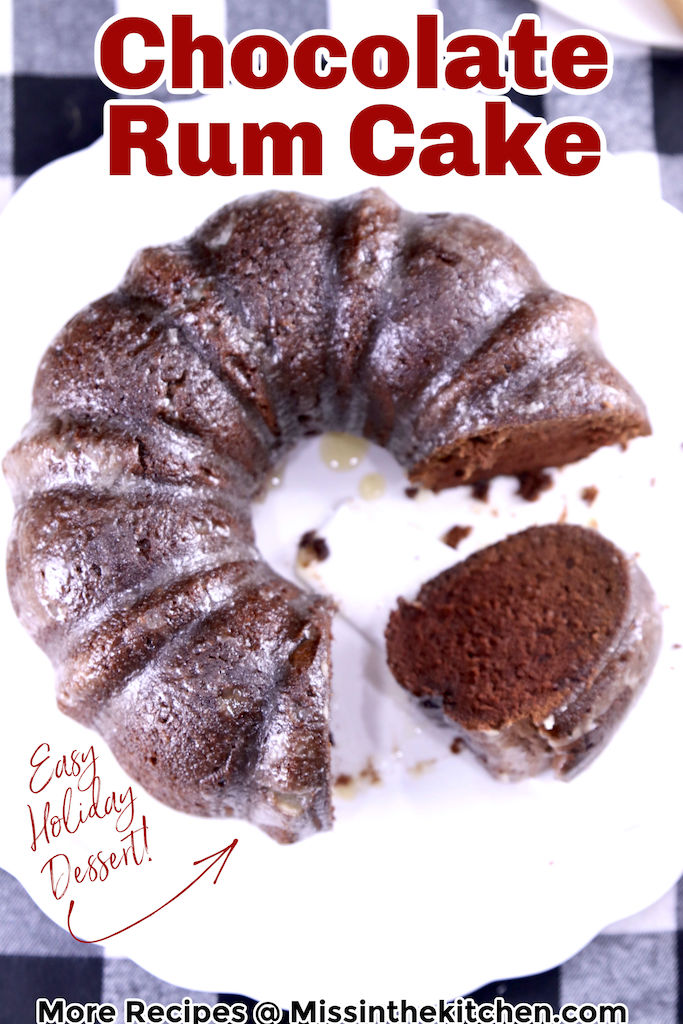 Chocolate Rum Cake - bundt on a white plate, with text overlay