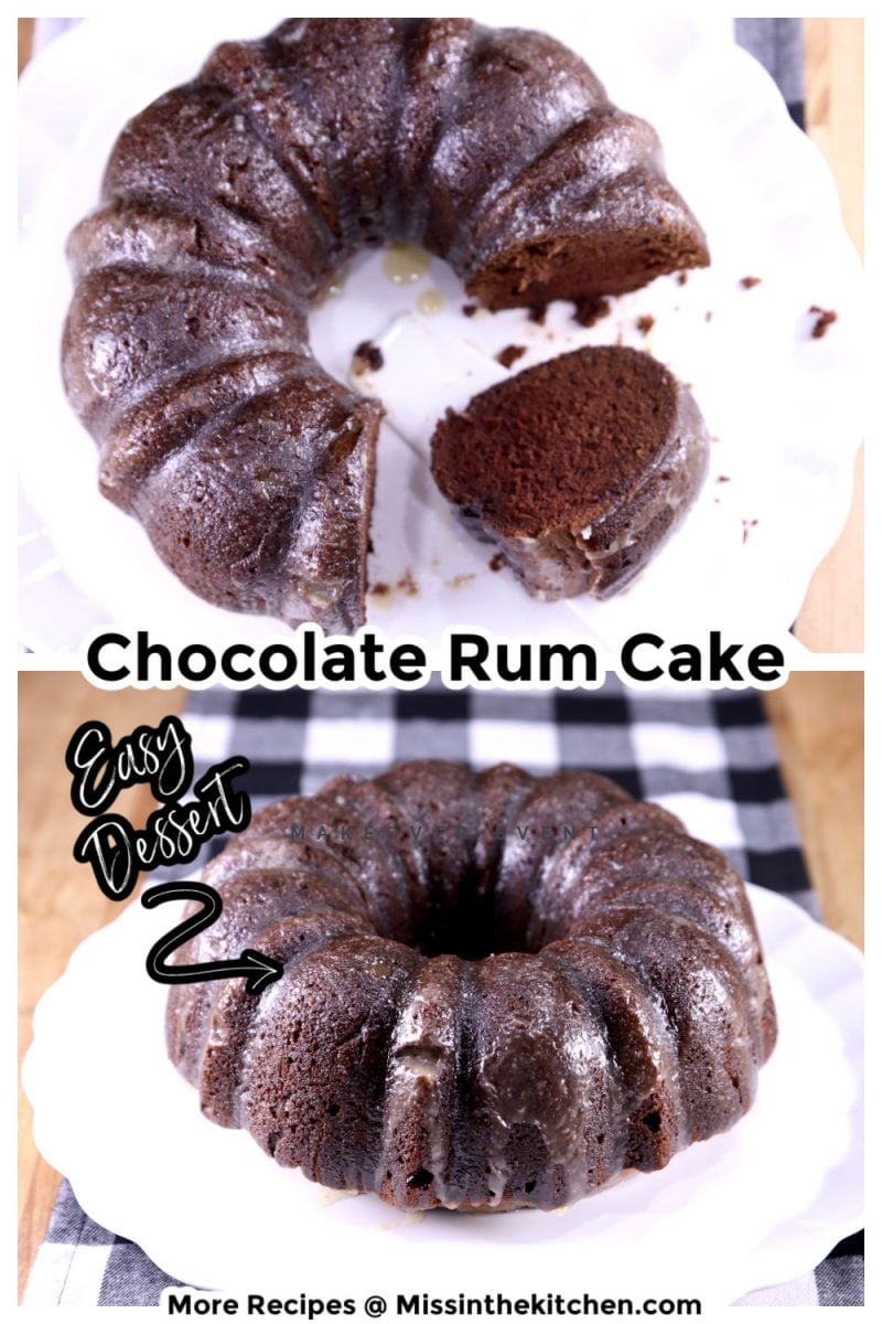 Chocolate Rum Cake collage overhead and side view, text overlay