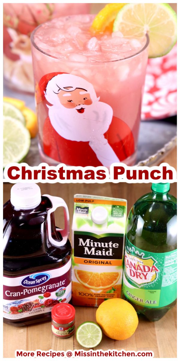 Christmas Punch collage served in a Santa glass over photo of ingredients