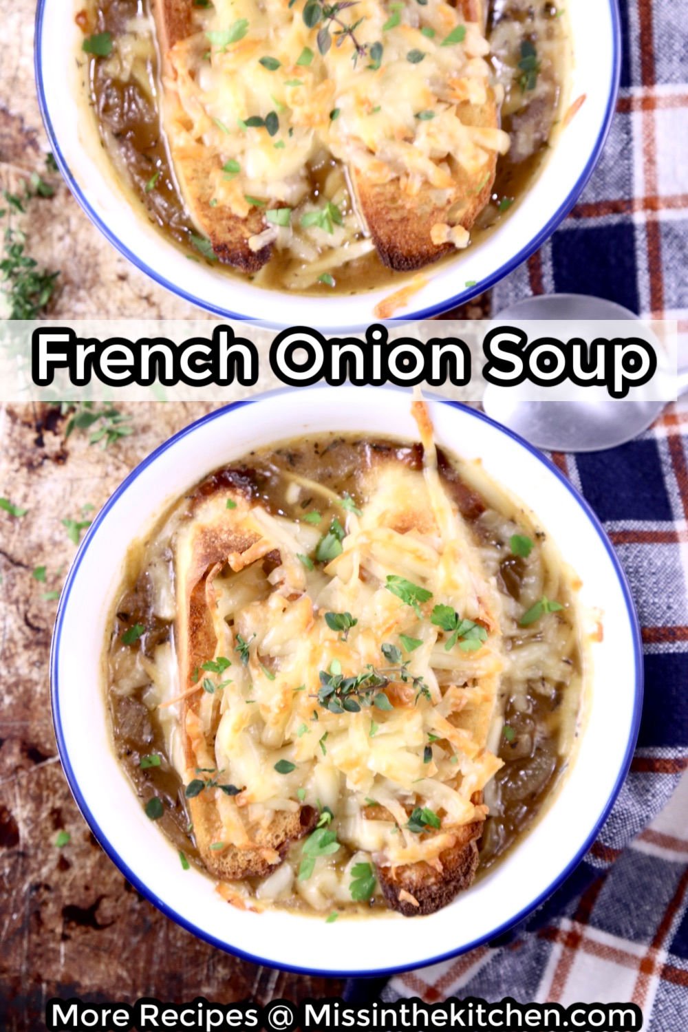 French Onion Soup 2 bowls close up with text overlay