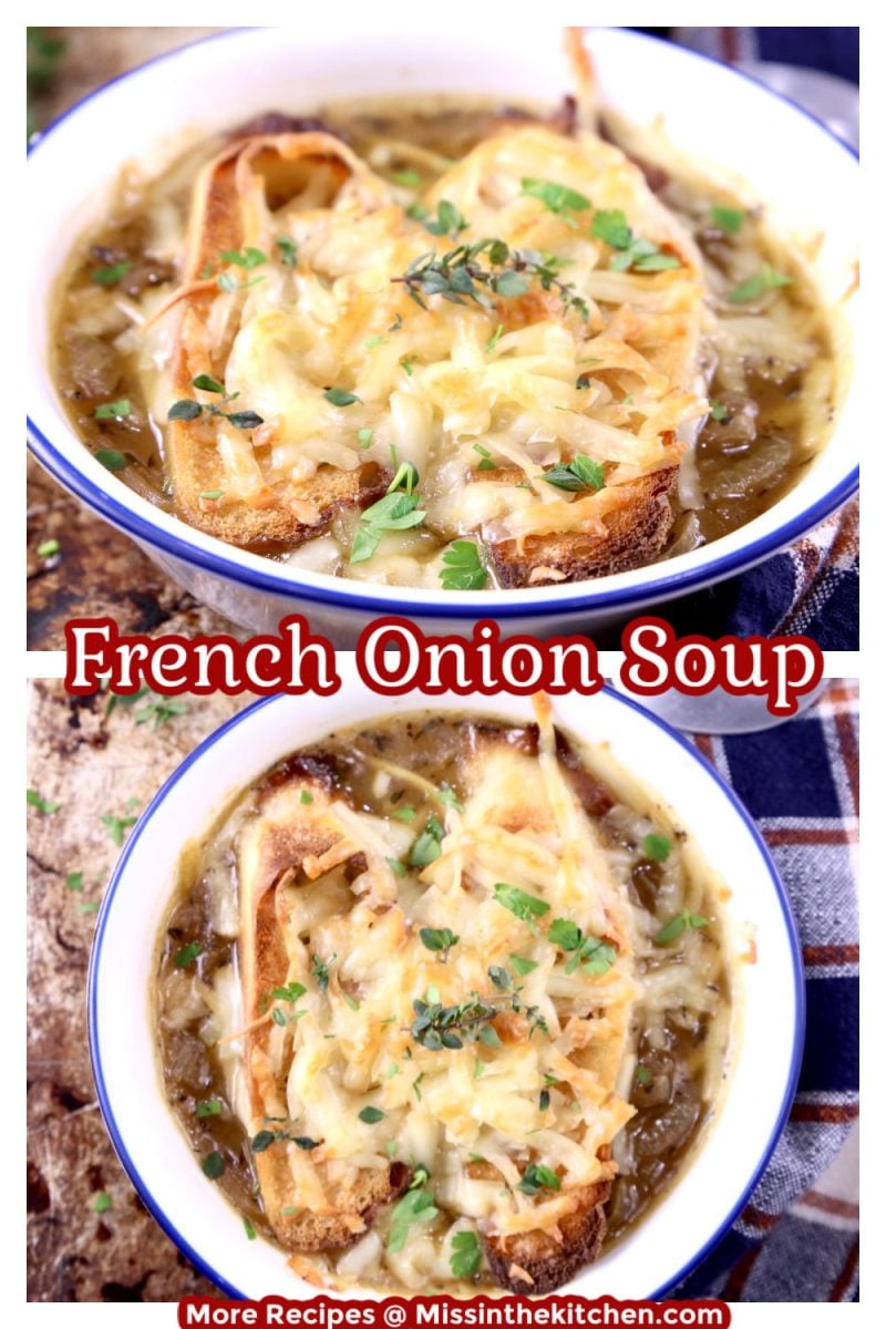 text overlay collage French Onion Soup, side view and overhead