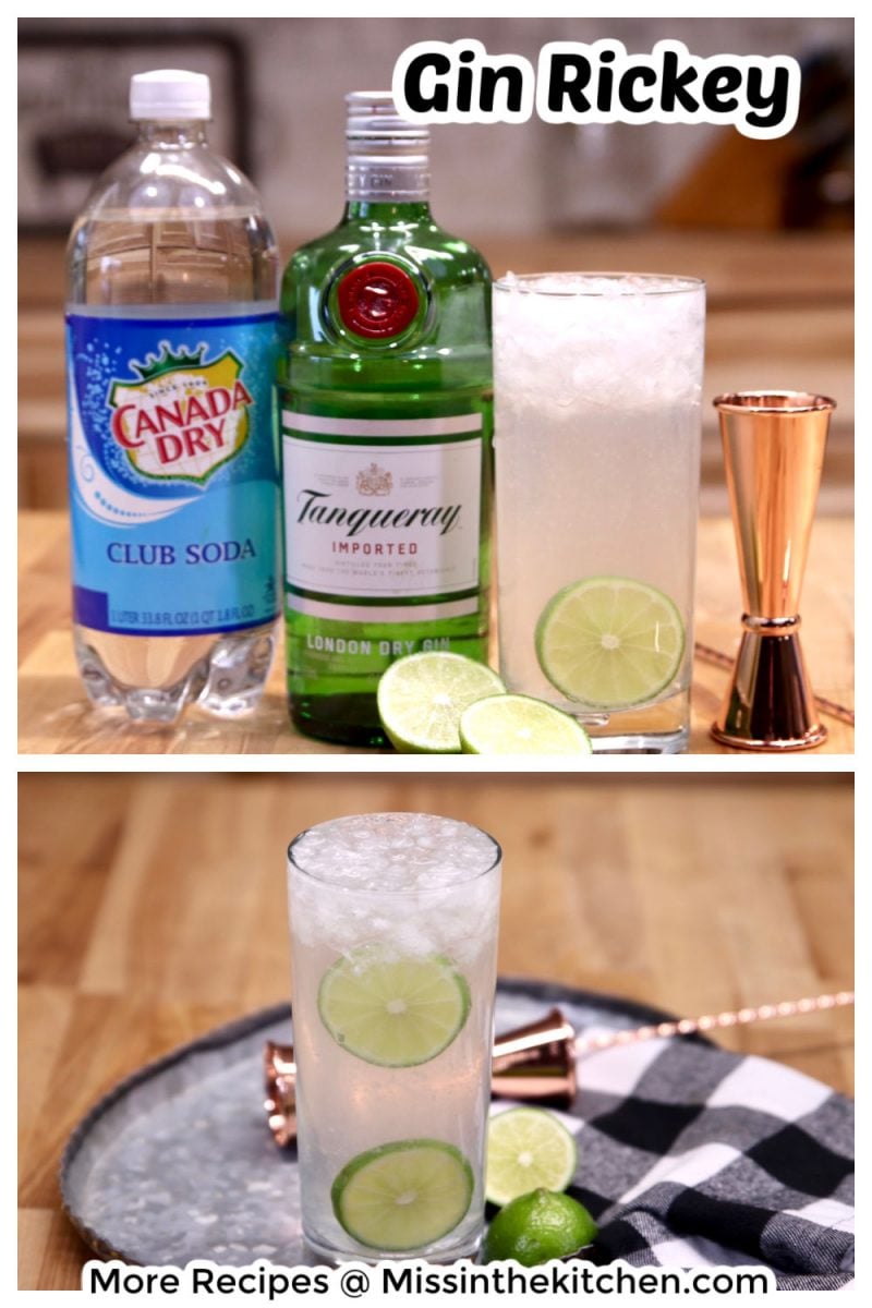 Collage of gin Rickey cocktail, photo with ingredients and close up of drink garnished with lime slices
