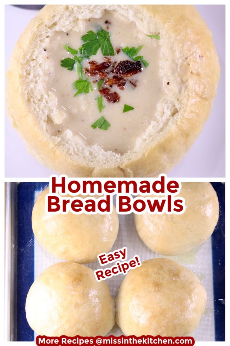 Collage with bread bowls, filled with soup