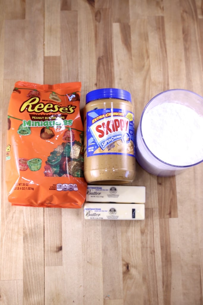 Ingredients for Fudge: Reese's Mini Peanut Butter Cups, Peanut Butter, Powdered Sugar, Butter