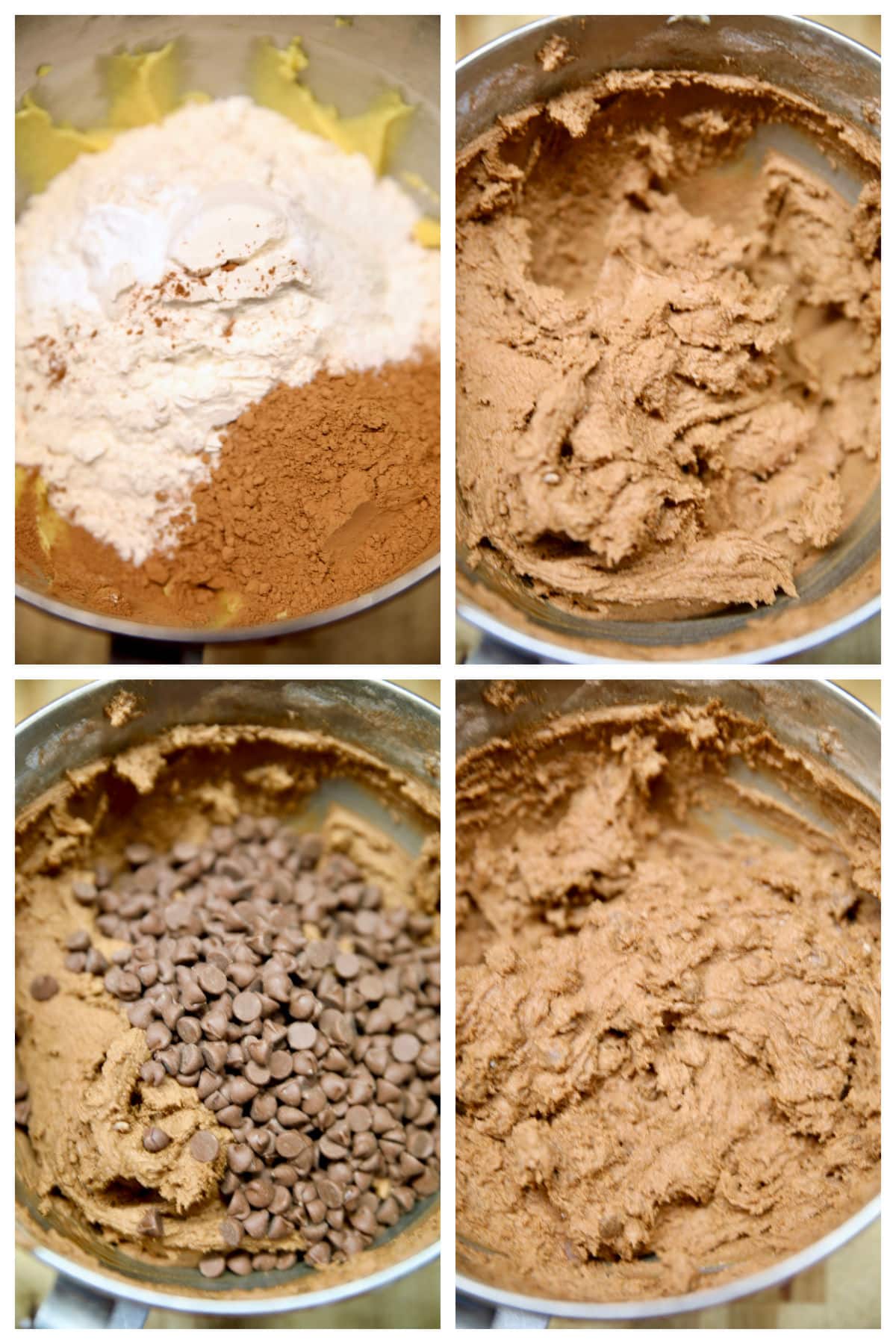 Making chocolate cookie dough with chocolate chips.