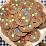 Chocolate m&m cookies on a platter.
