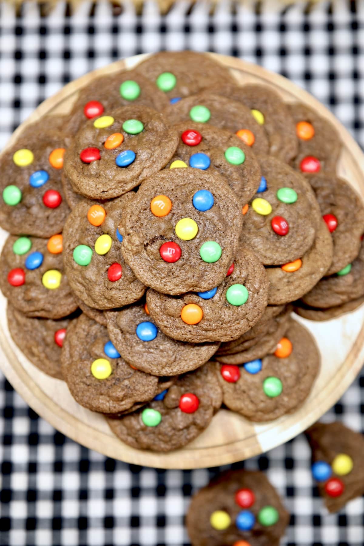 Platter of chocolate m&m cookies.