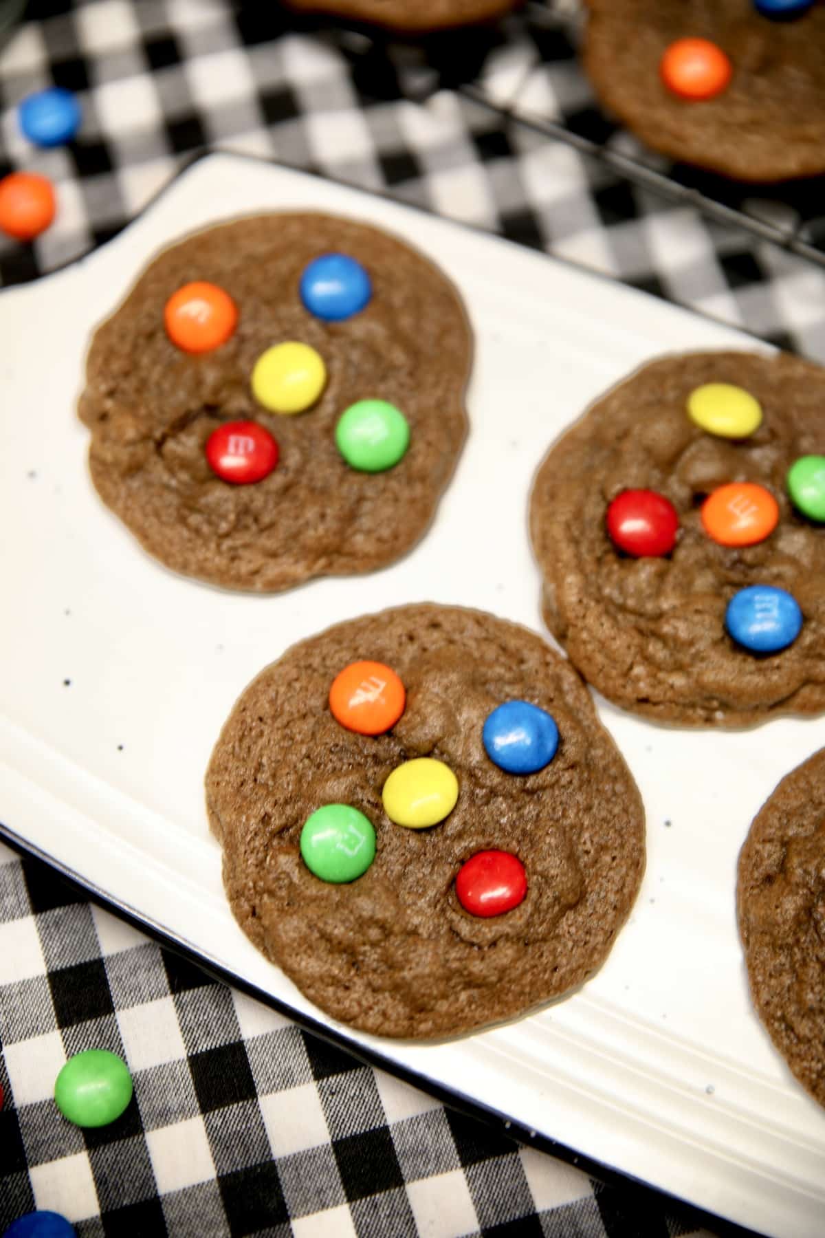 Platter of chocolate m&ms cookies.