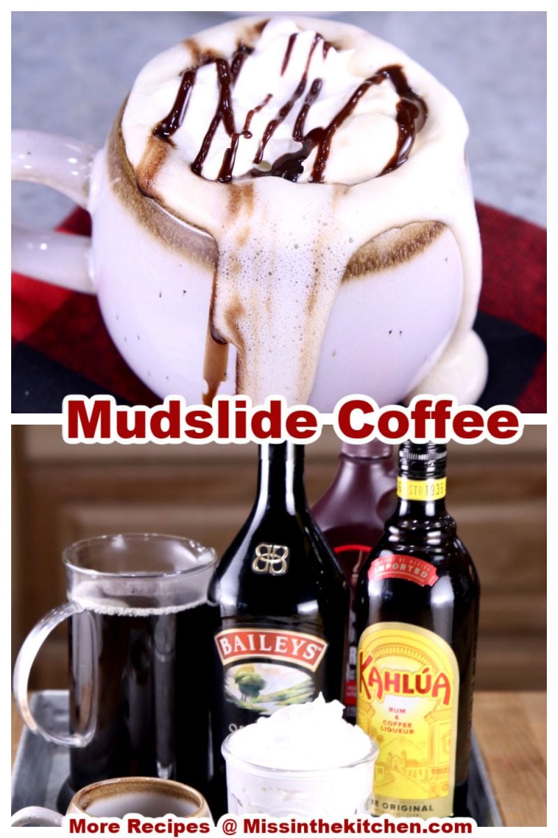 collage of mudslide coffee closeup of mug and ingredients on a tray