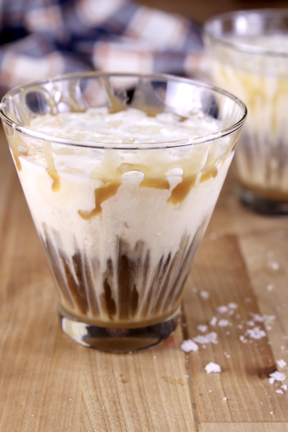 Salted Caramel White Russian layered cocktail with caramel drizzle