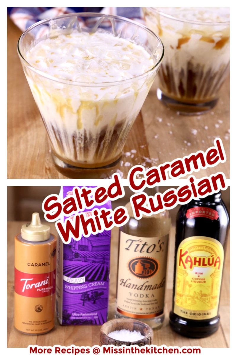 collage of salted caramel white Russian cocktails - closeup of glass and photo of ingredients