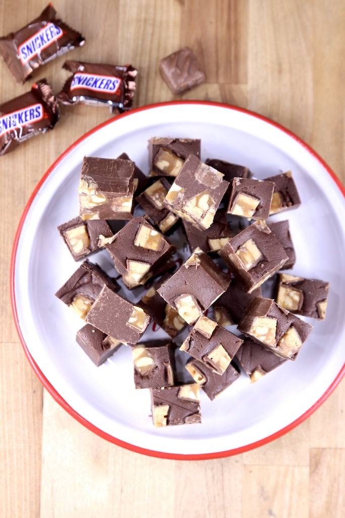 Overhead view of plate of Snickers Fudge
