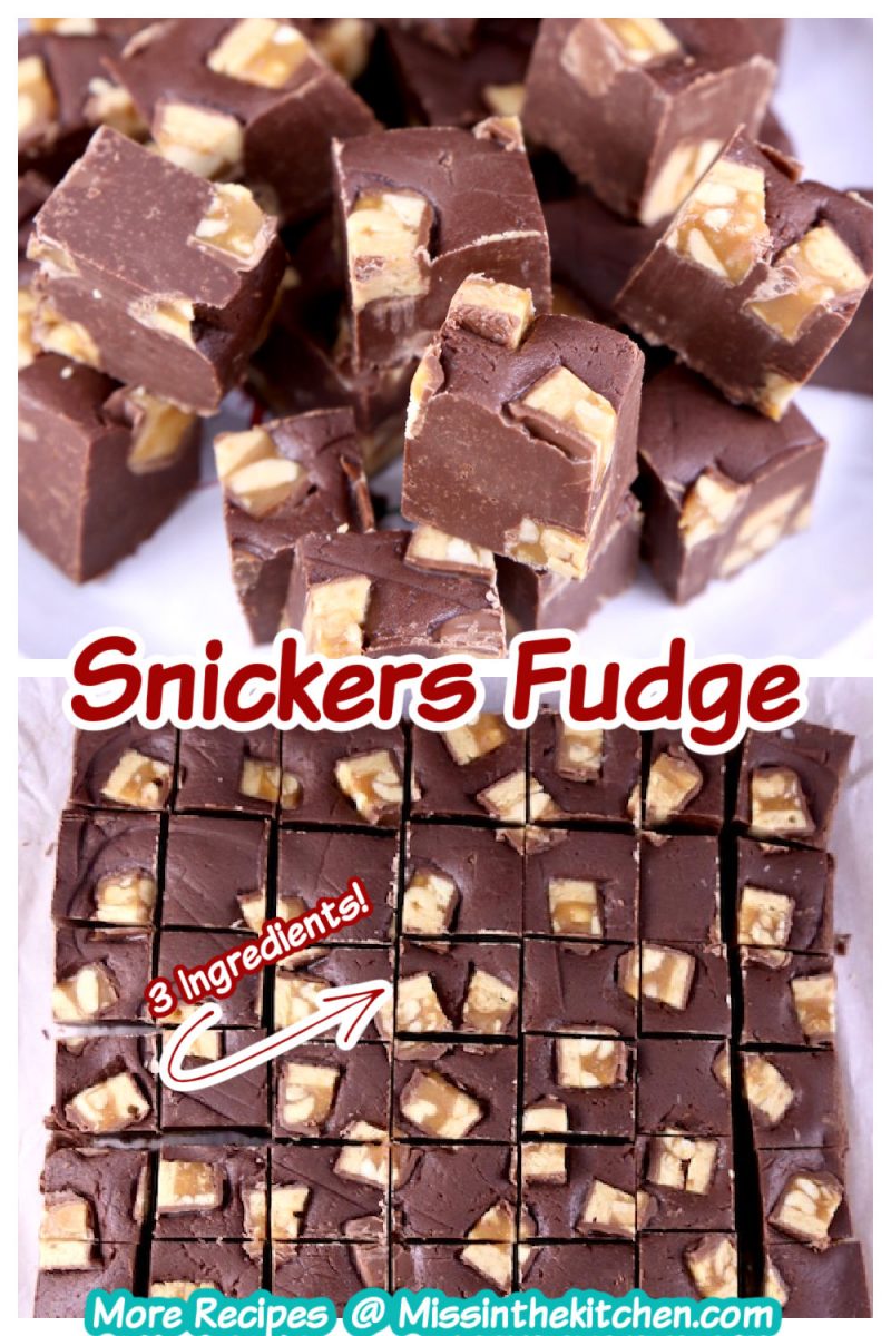 Collage snickers fudge - closeup and sliced in a pan - text overlay