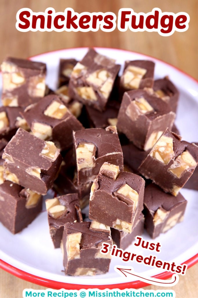 Snickers Fudge on a red rimmed plate, text overlay