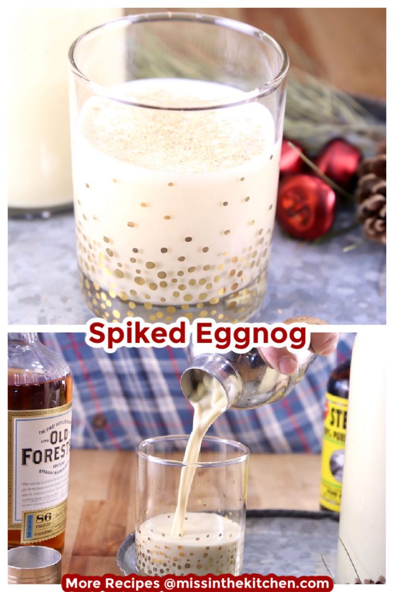 Collage of spiked eggnog in a glass over pouring into the glass