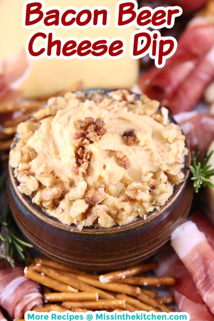 Bacon Beer Cheese Dip in a bowl - closeup view with text overlay
