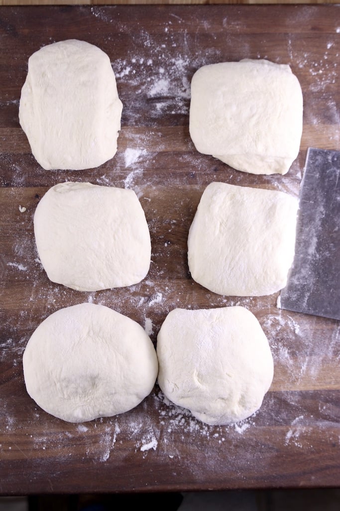 bread dough cut into 6 pieces