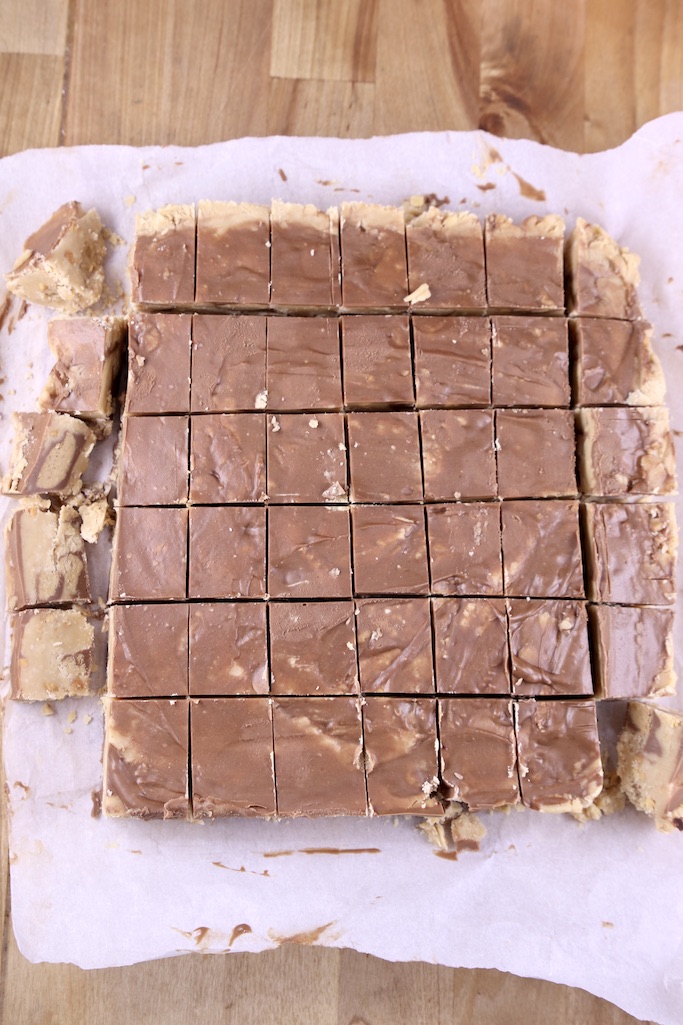 peanut butter cup fudge cut into 1 inch squares