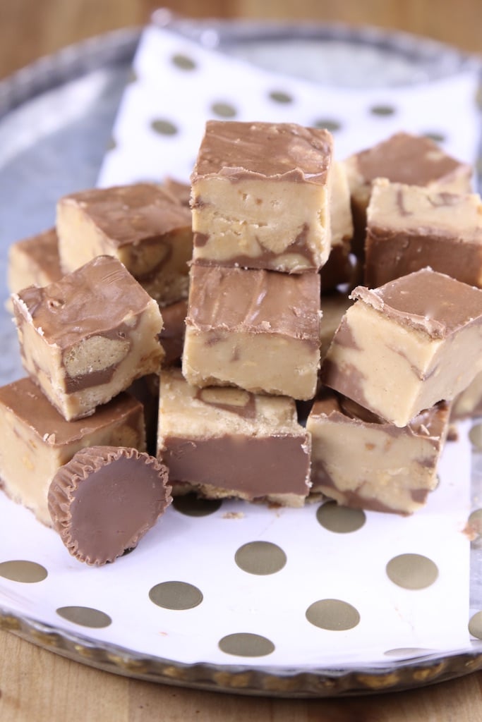 Peanut butter cup fudge stacked on a platter