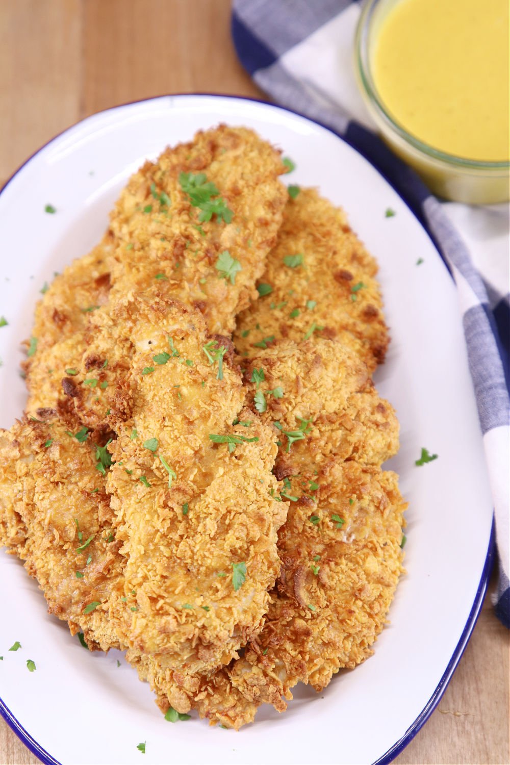 platter of cornflake chicken with honey mustard sauce