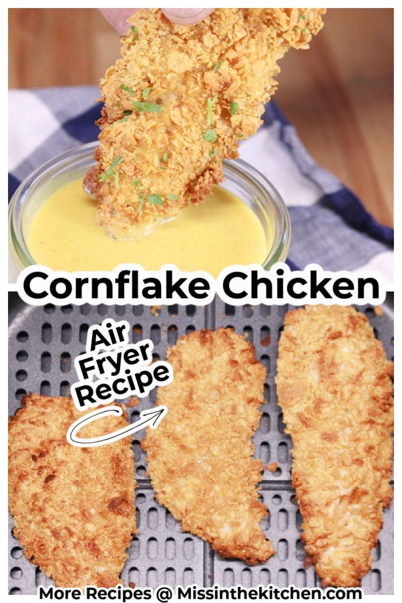 collage of cornflake chicken, dipping in sauce and in air fryer basket - text overlay
