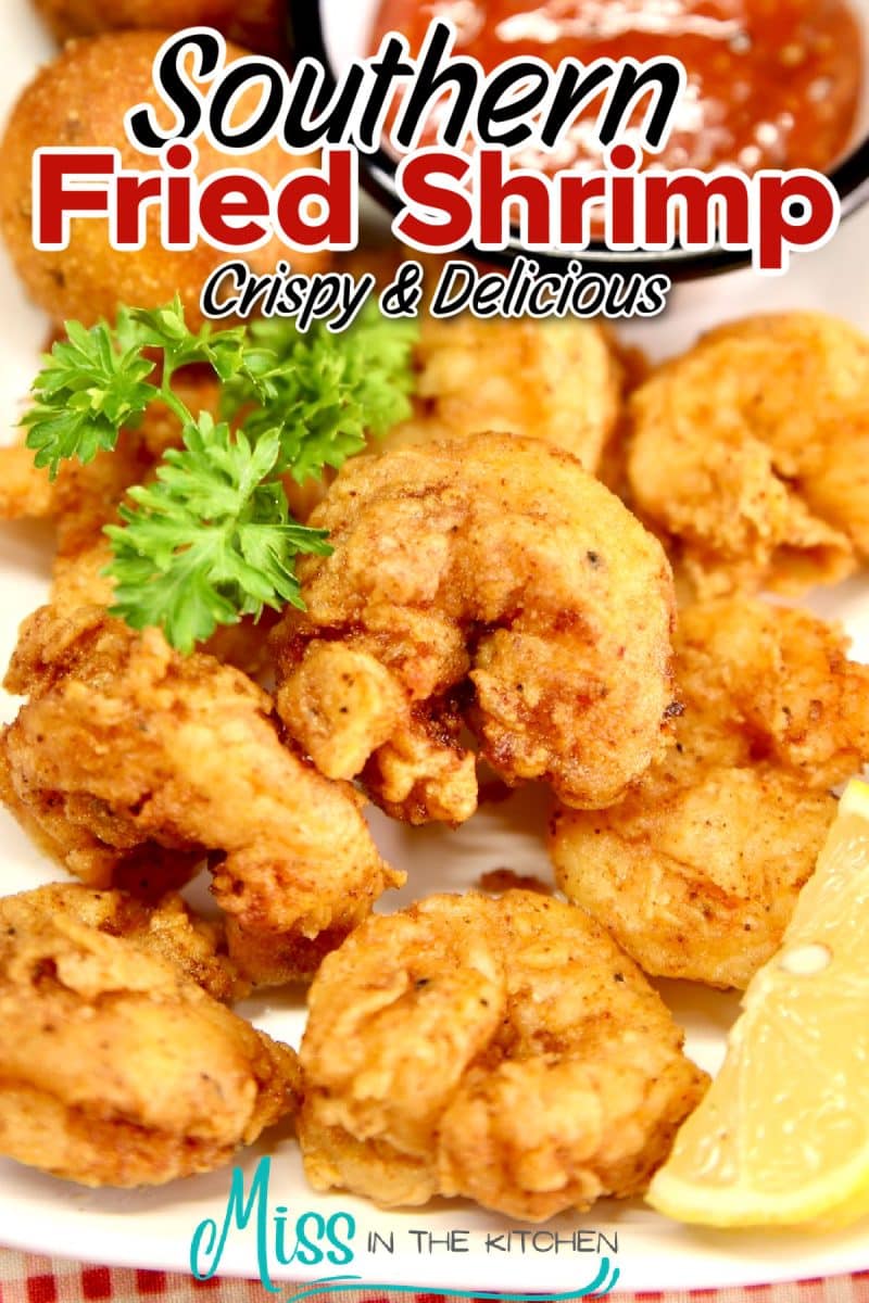 Southern Fried shrimp on a plate with text overlay.