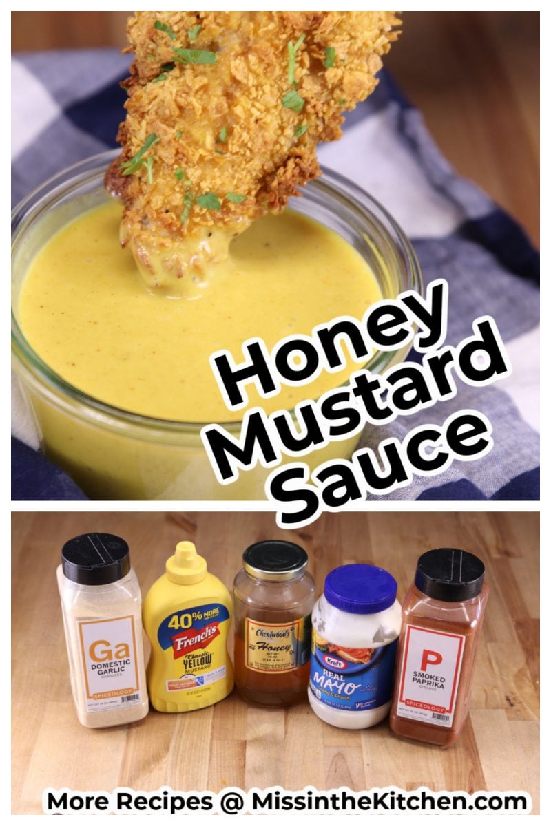 collage honey mustard sauce - chicken dipping into bowl over ingredients photo - text overlay
