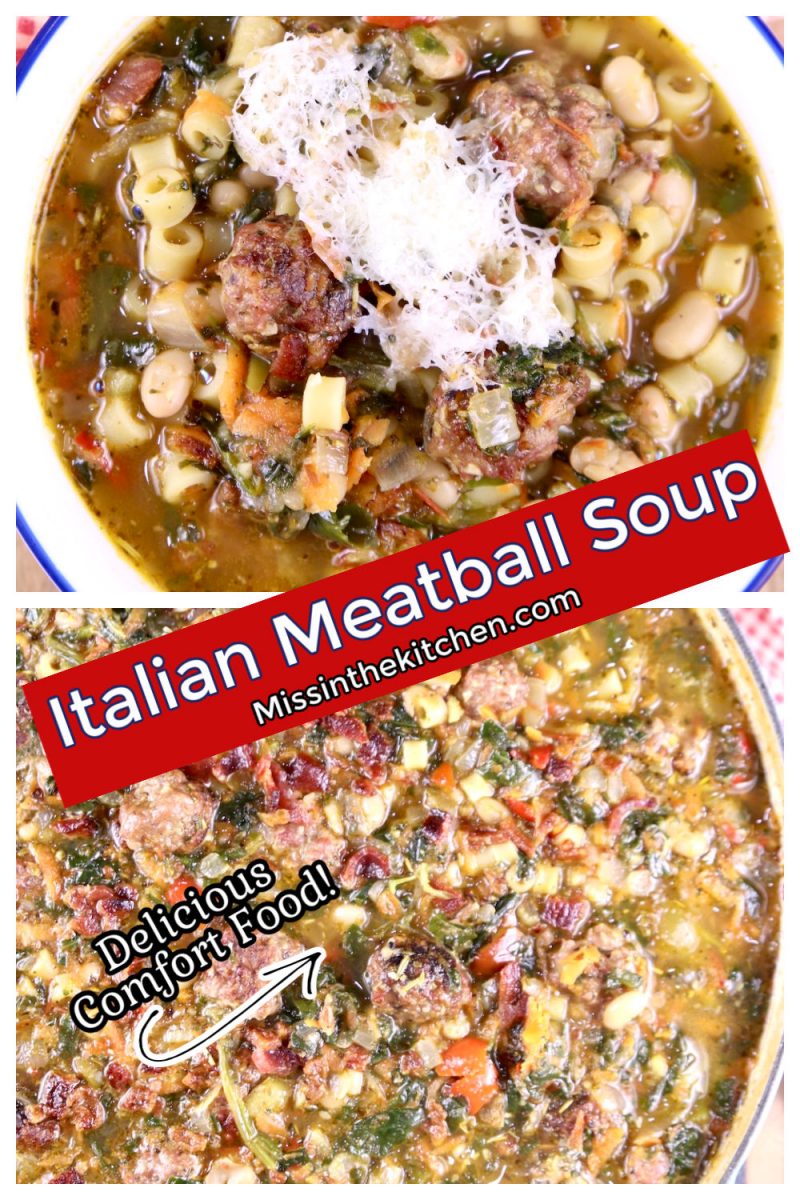 collage of Italian Meatball Soup - bowl topped with parmesan cheese and pan with text overlay