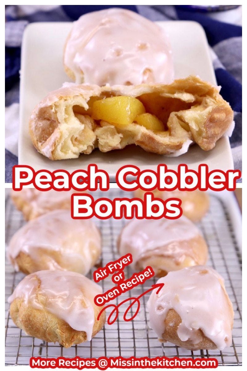 Peach cobbler bombs collage served on a plate over wire rack photo - text overlay