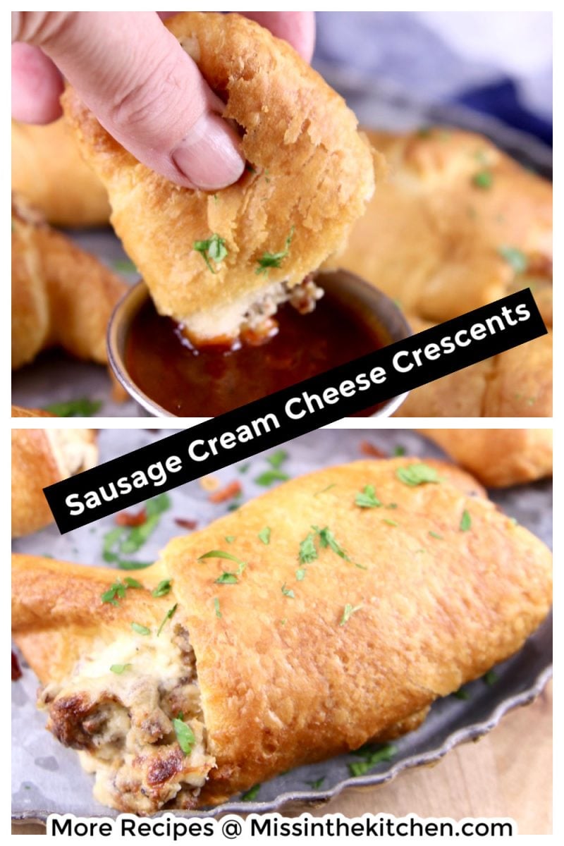 Sausage Cream Cheese Crescents collage, close up dipping and on a platter