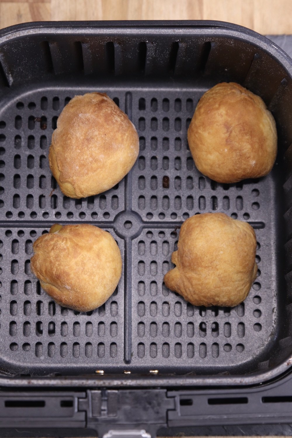 air fryer with baked peach cobbler bombs