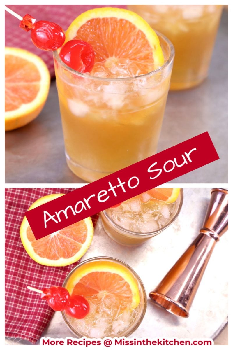 Amaretto Sour Cocktail collage with cherry and orange garnish