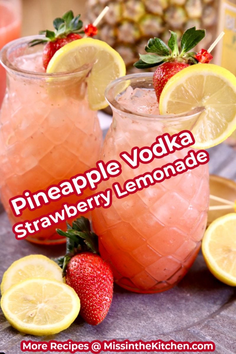 Pineapple Vodka Strawberry Lemonade Cocktails in tiki glasses with text overlay