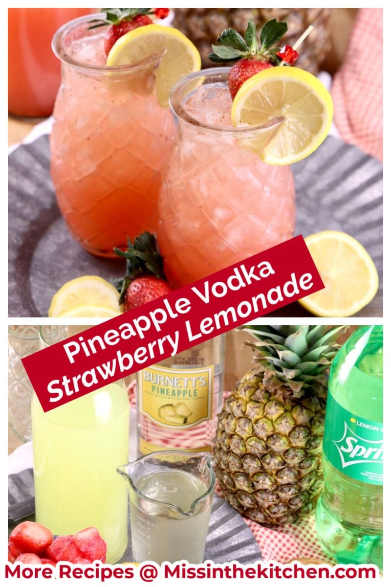 Pineapple Vodka Strawberry Lemonade collage, drinks and ingredients