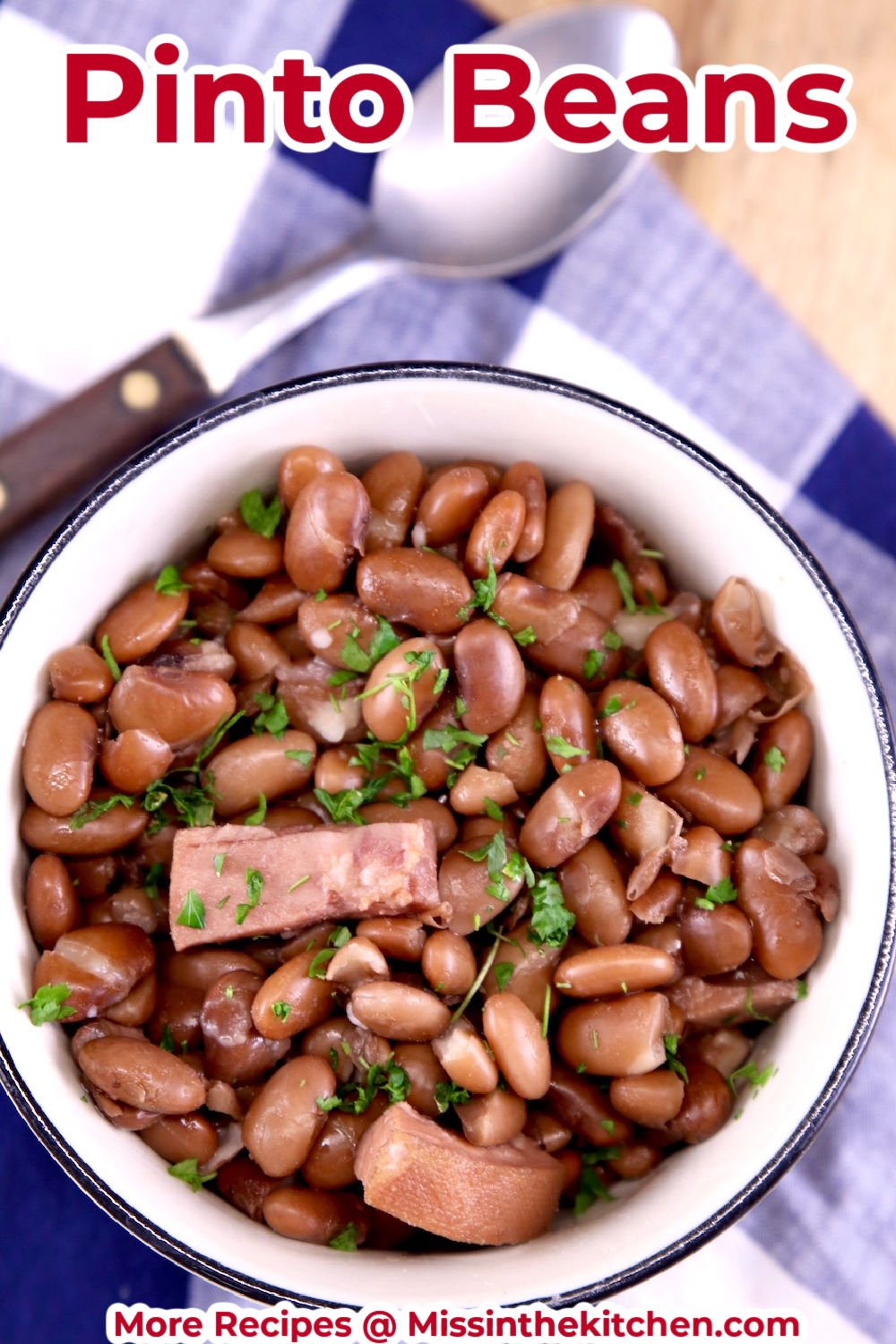 Pinto beans in a bowl with ham - text overlay