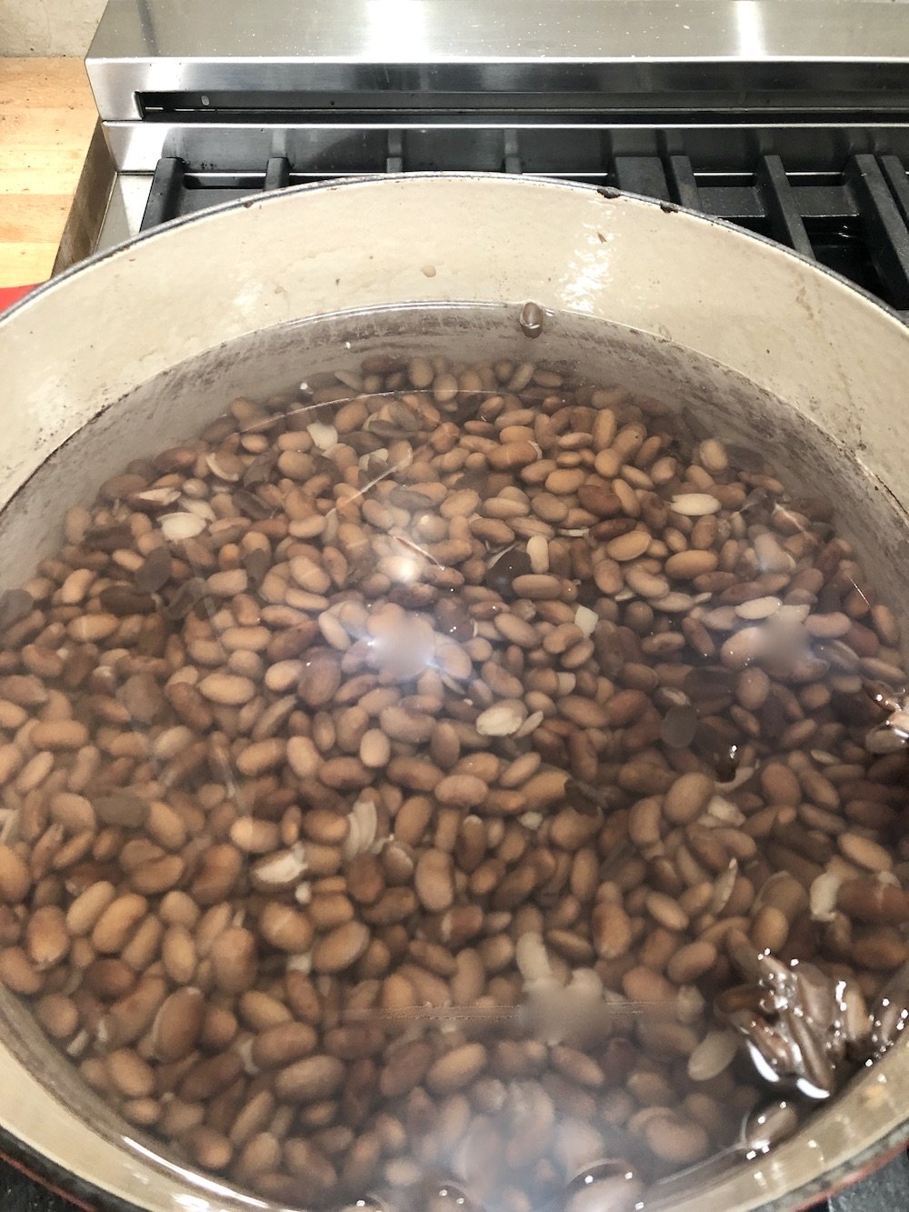 Pinto beans in a pan with water
