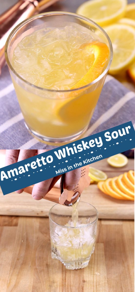 Amaretto Whiskey Sour Cocktail Collage - old fashioned glass and pouring the cocktail