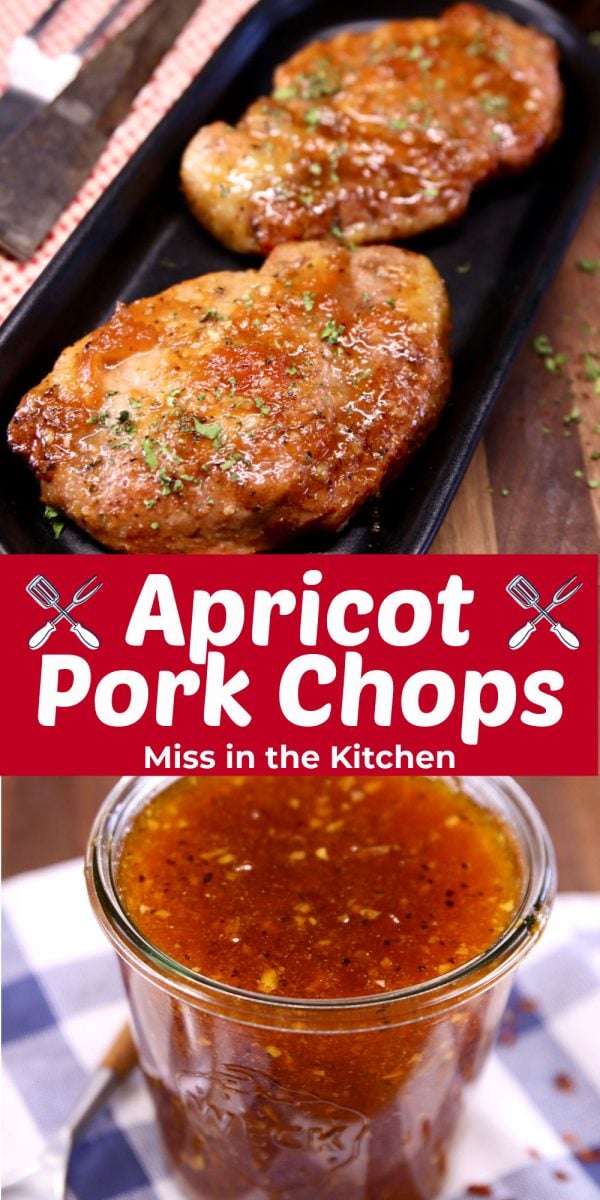 collage apricot pork chops with sauce - text overlay
